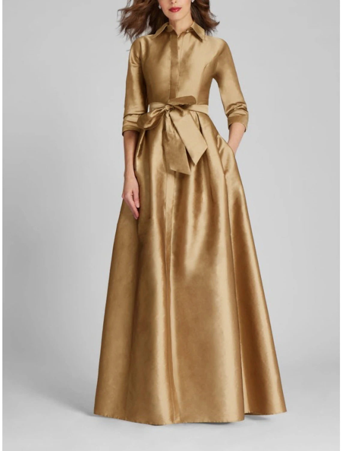 Women's Elegant Apparel Unbeatable Prices Satin A-Line Evening Gown Champagne Gold Minimalist Black Red Green Dress Dress Formal Fall Floor Length Half Sleeve Shirt Collar with Bow(s) Pleats Women's Elegant Apparel Unbeatable Prices Satin A-Line Evening Gown Champagne Gold Minimalist Black Red Green Dress Dress Formal Fall Floor Length Half Sleeve Shirt Collar with Bow(s) Pleats