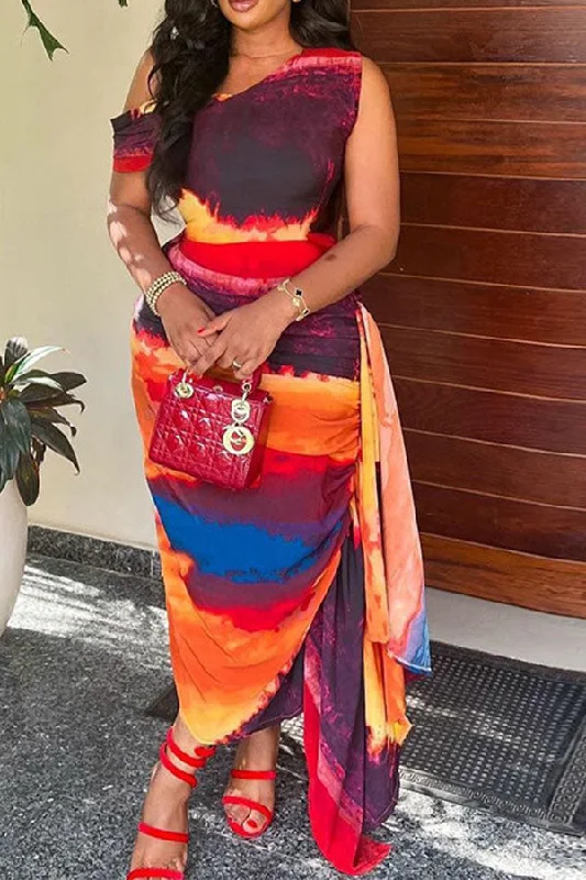 Stylish Women's Outfit Budget Friendly Tie Dye Oblique Collar Pretty Side Train Irregular Maxi Dress Stylish Women's Outfit Budget Friendly Tie Dye Oblique Collar Pretty Side Train Irregular Maxi Dress
