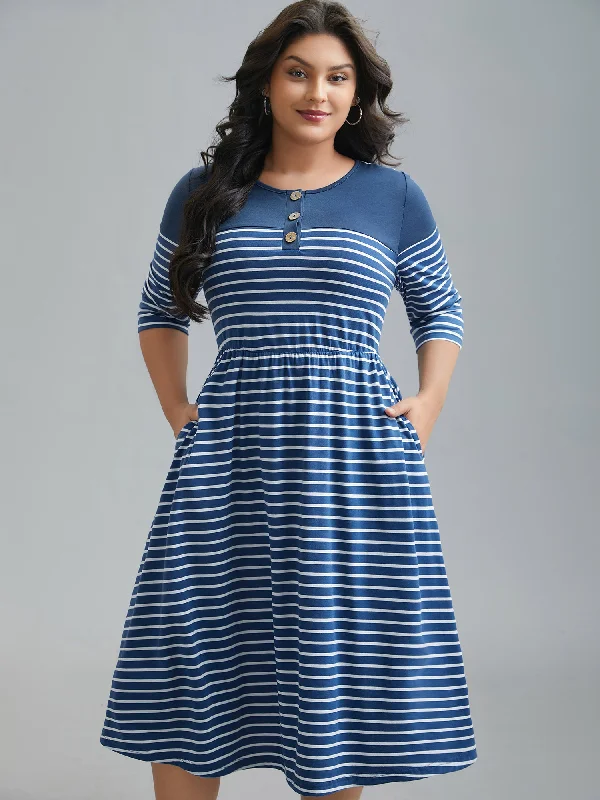 Women's High-Fashion Attire Trend Alert Colorblock Striped Waist-Cinched Midi Dress