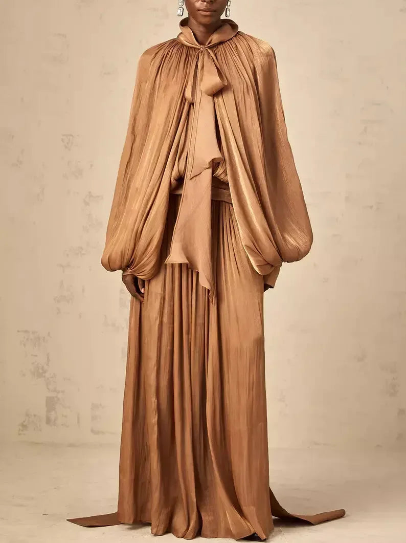 Women's Vintage-Inspired Clothing Timeless Elegance Redefined Draped Pleated Tie-Neck Maxi Dress in Brown Women's Vintage-Inspired Clothing Timeless Elegance Redefined Draped Pleated Tie-Neck Maxi Dress in Brown