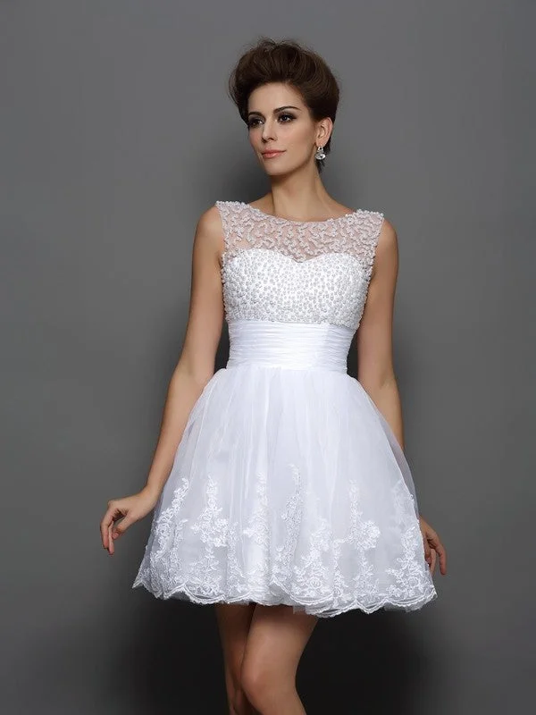Women's Chic Outfit Style Versatile Women's Collection A-Line/Princess Bateau Pearls Sleeveless Short  Woven Satin Cocktail Dresses