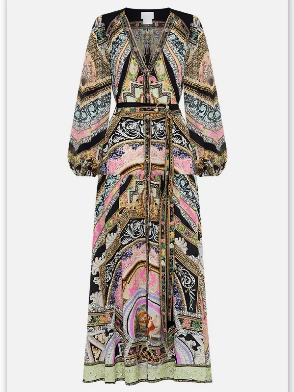 Comfortable Women's Attire Fashion Forward Belted Multicolor Printed Silk V-Neck Maxi Dress Comfortable Women's Attire Fashion Forward Belted Multicolor Printed Silk V-Neck Maxi Dress