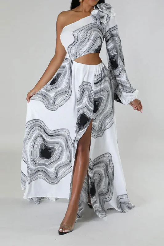 Chic Women's Attire Fashion Sale 3D Flower Decor Ripple Print Modern Asymmetric Maxi Dress Chic Women's Attire Fashion Sale 3D Flower Decor Ripple Print Modern Asymmetric Maxi Dress