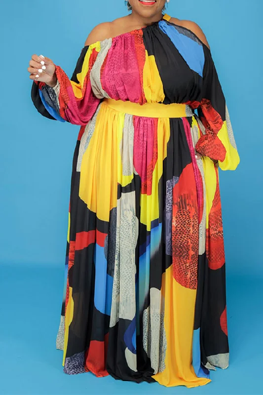 Women's Outfit Versatile Wardrobe Essentials Graphic Print Unusual One Shoulder Belted Maxi Dress Women's Outfit Versatile Wardrobe Essentials Graphic Print Unusual One Shoulder Belted Maxi Dress
