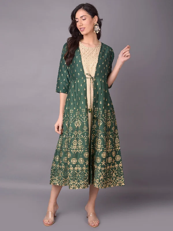 Women's Trendy Casual Outfit Imeless Style Women Green Floral Printed Dress With Jacket Women's Trendy Casual Outfit Imeless Style Women Green Floral Printed Dress With Jacket