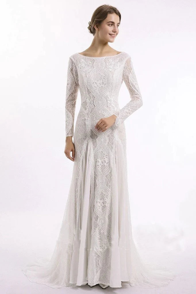 Affordable Women's Clothing Art Deco Geometric Pattern Look Sheath Long Sleeve Ivory Lace Wedding Dresses See Through Backless Boho Bridal Dresses Affordable Women's Clothing Art Deco Geometric Pattern Look Sheath Long Sleeve Ivory Lace Wedding Dresses See Through Backless Boho Bridal Dresses