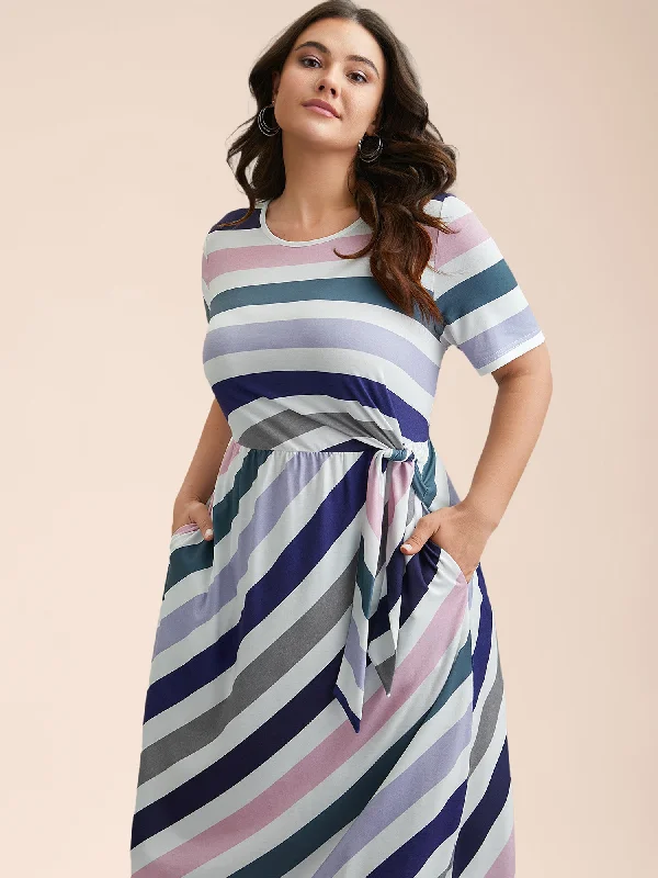 Women's Comfy Loungewear Outfit Mid - Week Surprise Striped Waist-Tie Half Sleeve Midi Dress Women's Comfy Loungewear Outfit Mid - Week Surprise Striped Waist-Tie Half Sleeve Midi Dress