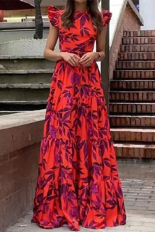 Women's Office Attire Hot Trends Leaf Print Tropical Ruffle Tiered Maxi Dress