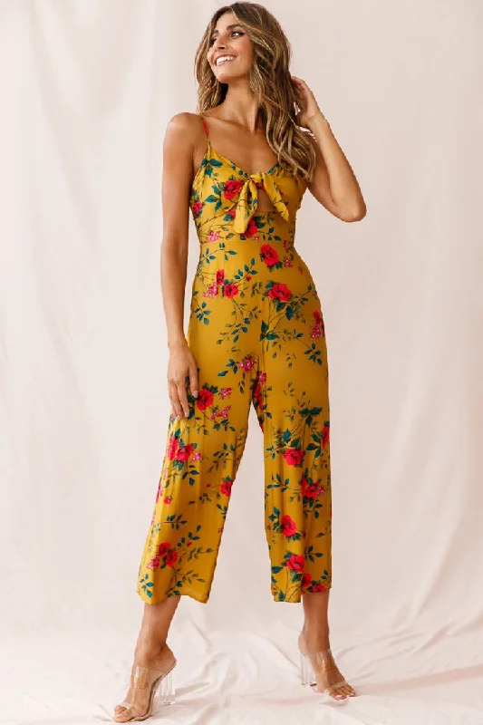 Women's Cozy Outfit For Lounging Vintage Elegance Call Me Wide-Leg Tied Bust Jumpsuit Floral Print Mustard Women's Cozy Outfit For Lounging Vintage Elegance Call Me Wide-Leg Tied Bust Jumpsuit Floral Print Mustard