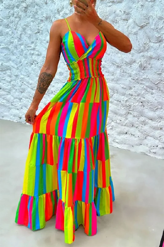 Women's Clothing For Work Chic Styles Rainbow Urban Tie Back Tiered Maxi Dress