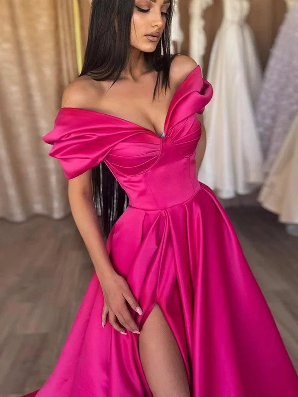 Women's Clothes For Work Events Trendy Fashion Sale A-Line/Princess Satin Ruched Off-the-Shoulder Sleeveless Sweep/Brush Train Dresses Women's Clothes For Work Events Trendy Fashion Sale A-Line/Princess Satin Ruched Off-the-Shoulder Sleeveless Sweep/Brush Train Dresses
