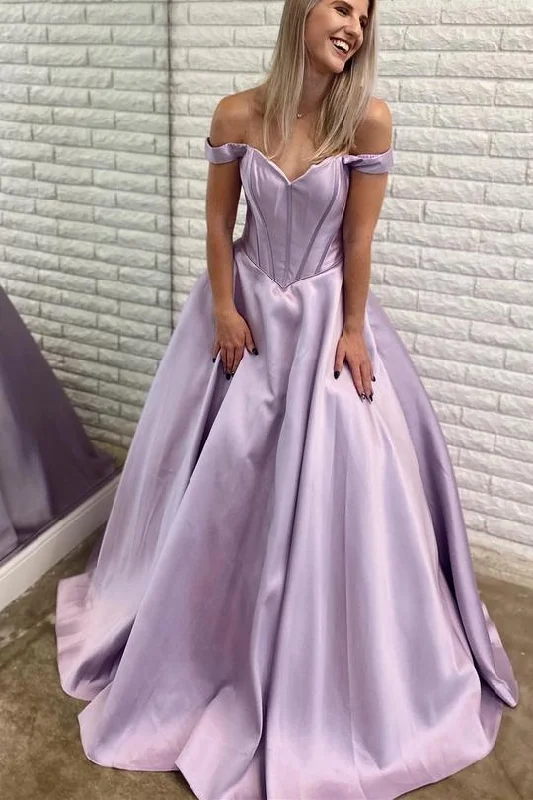 Casual Garments For Women Grab Romantic Date - Night Styles Now Lavender Off the Shoulder Satin Long Ball Gown Casual Garments For Women Grab Romantic Date - Night Styles Now Lavender Off the Shoulder Satin Long Ball Gown