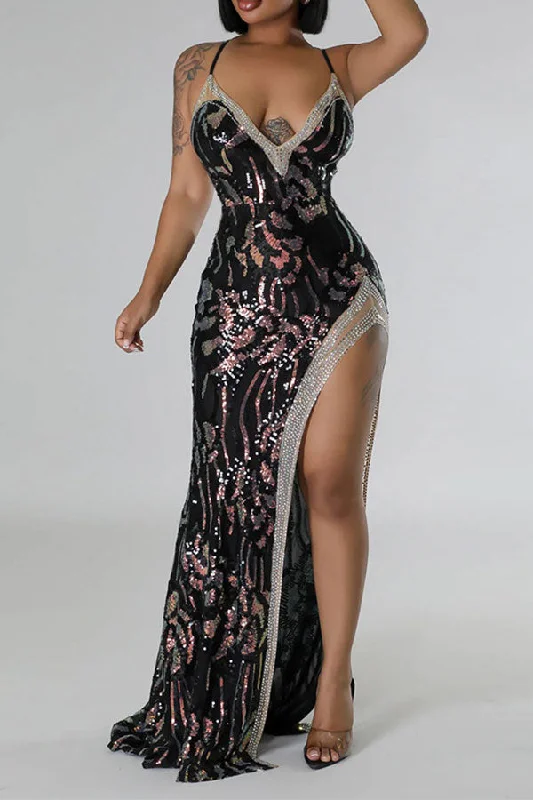Sustainable Fashion Clothing For Women Ends Soon Sequined Rhinestone Patchwork Glittery High Split Maxi Dress Sustainable Fashion Clothing For Women Ends Soon Sequined Rhinestone Patchwork Glittery High Split Maxi Dress