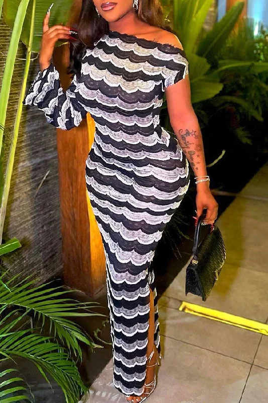Timeless Women's Clothing Best Seller Hit Color Wavy Grain Asymmetric Unique High Split Maxi Dress Timeless Women's Clothing Best Seller Hit Color Wavy Grain Asymmetric Unique High Split Maxi Dress