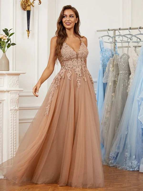 Women's Stylish Vacation Attire Cool Prices A-Line/Princess Tulle Applique V-neck Sleeveless Floor-Length Dresses Women's Stylish Vacation Attire Cool Prices A-Line/Princess Tulle Applique V-neck Sleeveless Floor-Length Dresses