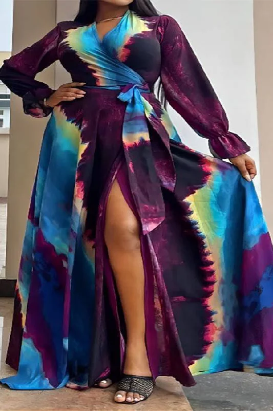 Women's Chic Outerwear Attire Everyday Wear Tie Dye On-trend Lace-Up High Split Maxi Dress Women's Chic Outerwear Attire Everyday Wear Tie Dye On-trend Lace-Up High Split Maxi Dress