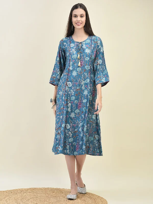 Women's Active Outfit For Fitness Premium Style Women Viscose Teal Floral Print Dress Women's Active Outfit For Fitness Premium Style Women Viscose Teal Floral Print Dress