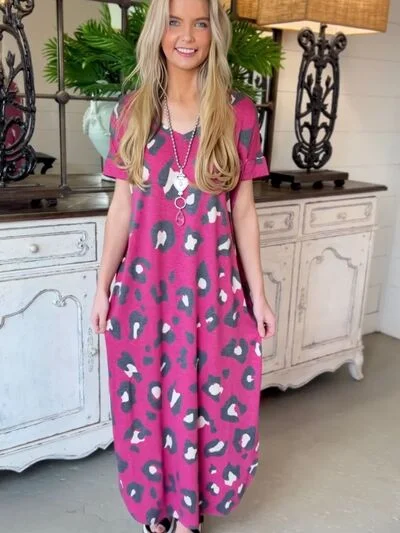 Women's Fashion Clothes Special Offer Leopard Slit V-Neck Short Sleeve Maxi Dress
