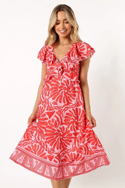 Women's Evening Apparel Clearance Event Harris Frill Sleeve Midi Dress - Red Pink