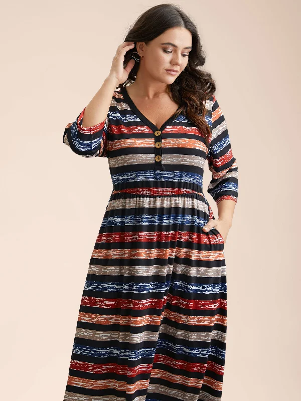 Women's Charming Outfit For Events Fashion-Forward Multi-Color Striped Half-Placket Midi Dress Women's Charming Outfit For Events Fashion-Forward Multi-Color Striped Half-Placket Midi Dress