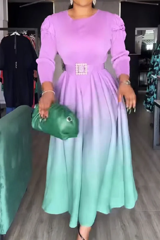 Women's Professional Garments Flowing Silhouette Gradient Round Neck Feminine Pleated Maxi Dress Women's Professional Garments Flowing Silhouette Gradient Round Neck Feminine Pleated Maxi Dress