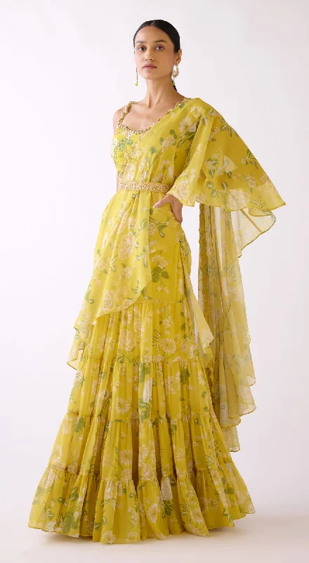 Affordable Women's Attire Chic Sophistication Yellow Embellished Floral Draped Saree Affordable Women's Attire Chic Sophistication Yellow Embellished Floral Draped Saree