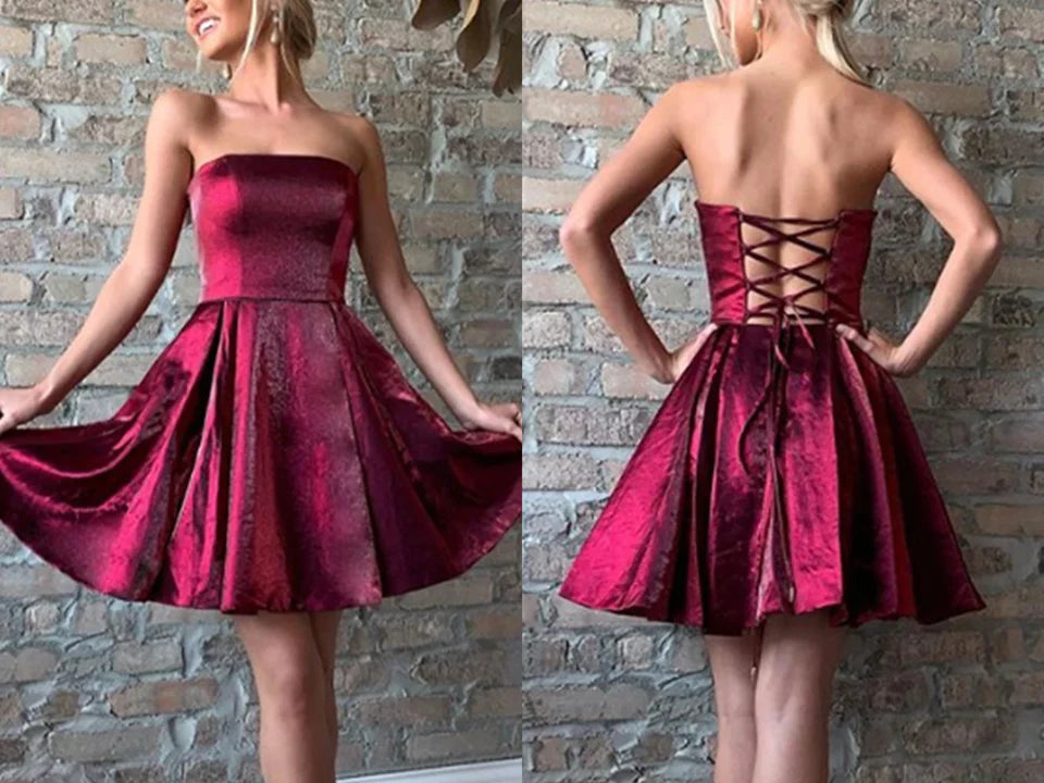 Women's Outerwear Attire Dreamy Draping Strapless Burgundy Satin Short Prom Dresses S3192 Women's Outerwear Attire Dreamy Draping Strapless Burgundy Satin Short Prom Dresses S3192