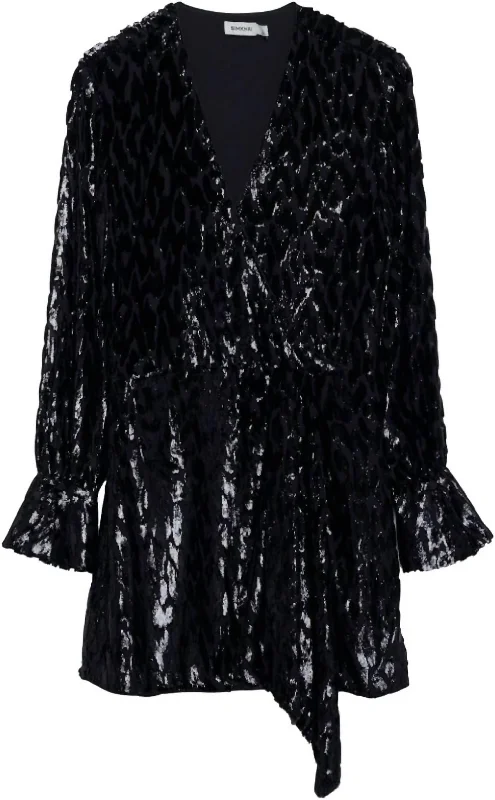 Women's Stylish Outdoor Outfit Luxury Style Women's Long Sleeve Metallic Jacquard Mini Dress In Black Women's Stylish Outdoor Outfit Luxury Style Women's Long Sleeve Metallic Jacquard Mini Dress In Black