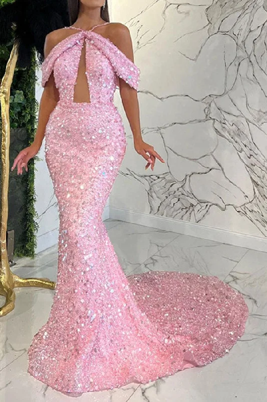 Stylish Women's Outerwear Apparel Ethnic Cultural Event Wear Pink Sequined Sweet Cold Shoulder Maxi Dress Stylish Women's Outerwear Apparel Ethnic Cultural Event Wear Pink Sequined Sweet Cold Shoulder Maxi Dress