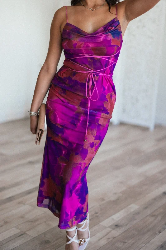 Women's Stylish Professional Garments Hollywood Glam Award - Show Style Seeing Red Floral Midi Dress Women's Stylish Professional Garments Hollywood Glam Award - Show Style Seeing Red Floral Midi Dress