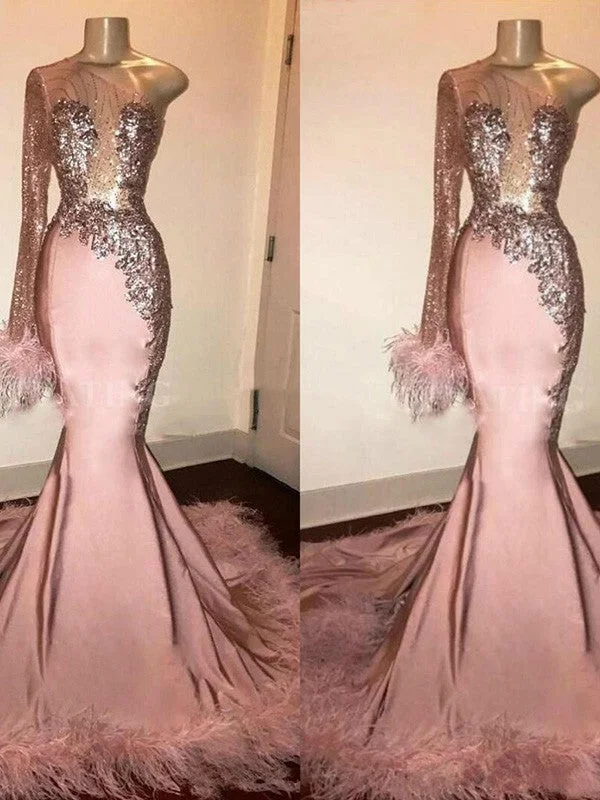 Women's Seasonal Clothes Top Brand Discounts Trumpet/Mermaid Elastic Woven Satin Feathers/Fur One-Shoulder Long Sleeves Sweep/Brush Train Dresses Women's Seasonal Clothes Top Brand Discounts Trumpet/Mermaid Elastic Woven Satin Feathers/Fur One-Shoulder Long Sleeves Sweep/Brush Train Dresses