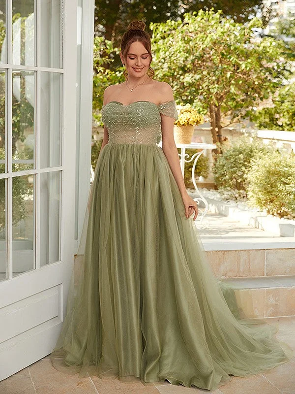 Women's Travel Garments Fashion Sale A-Line/Princess Tulle Ruched Off-the-Shoulder Sleeveless Court Train Dresses
