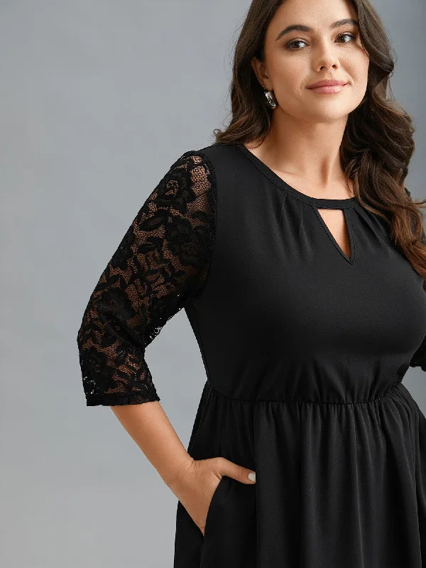 Affordable Women's Attire Style Upgrade Neck Cut-Out Lace Stretchy-Waist Midi Dress