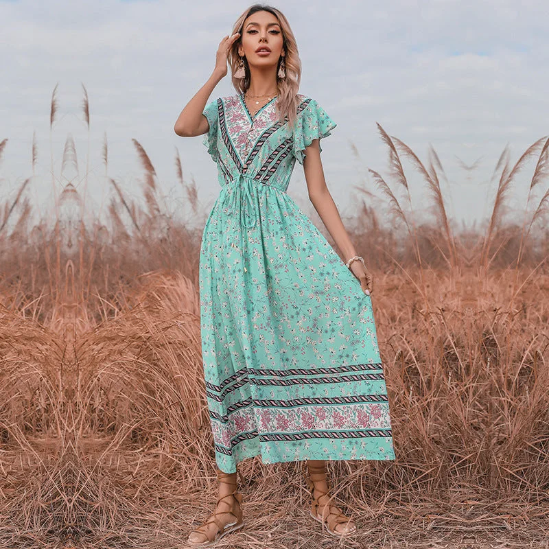 Women's Vacation Outfit Shop Our Looks IKEARLAX summer floral dress V-neck lotus leaf sleeve lace-up bohemian dress Women's Vacation Outfit Shop Our Looks IKEARLAX summer floral dress V-neck lotus leaf sleeve lace-up bohemian dress