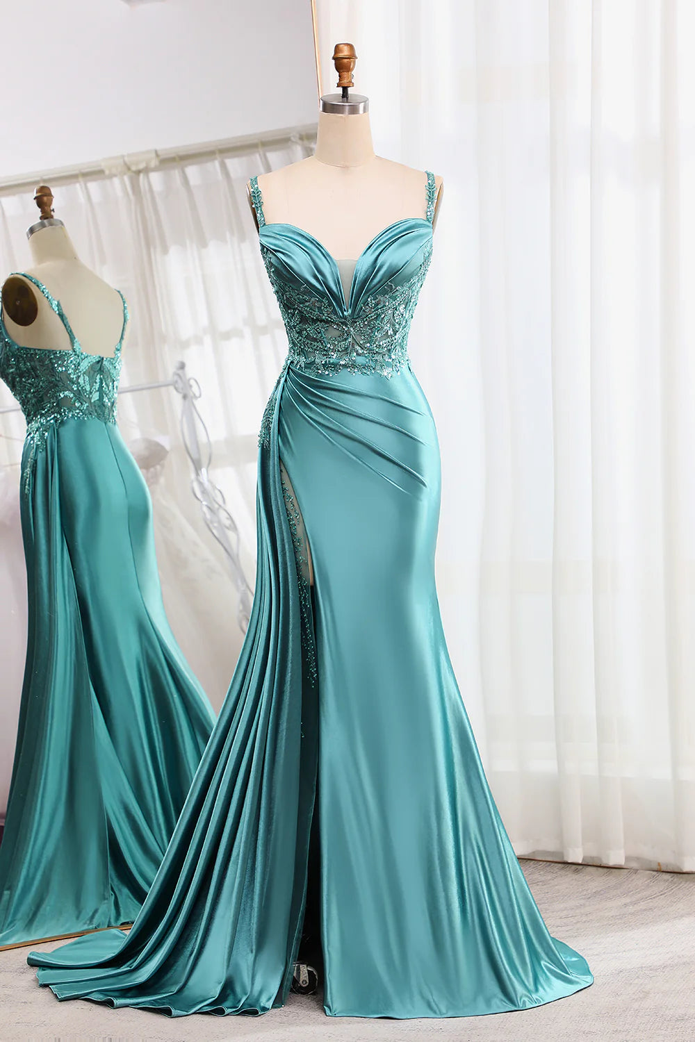 Women's Vacation Attire Feminine Flow Amzcw Mermaid V-Neck Satin Long Appliques Sequin Blue Prom Dress With Slit Women's Vacation Attire Feminine Flow Amzcw Mermaid V-Neck Satin Long Appliques Sequin Blue Prom Dress With Slit