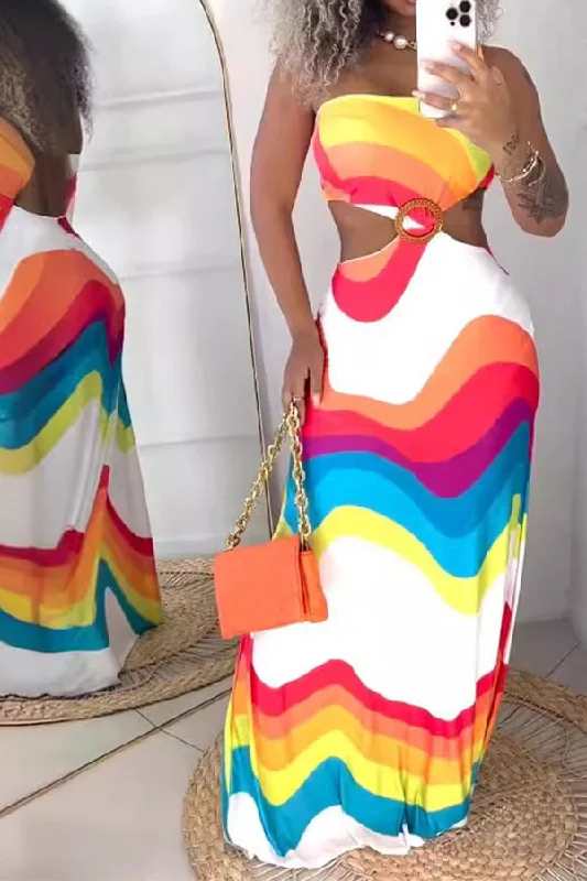 Elegant Clothing For Women Elevate Your Wardrobe Multicolor Ripple Print Modern One Shoulder Cutout Maxi Dress Elegant Clothing For Women Elevate Your Wardrobe Multicolor Ripple Print Modern One Shoulder Cutout Maxi Dress