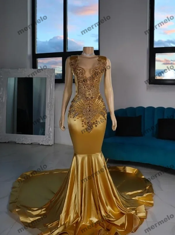 Women's Travel Attire Fashion-Forward Style Gold Satin Mermaid Prom Dress For Women Glitter Diamante Applique Skinny Women's Travel Attire Fashion-Forward Style Gold Satin Mermaid Prom Dress For Women Glitter Diamante Applique Skinny