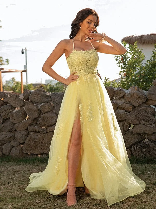 Women's High-Fashion Garments Stylish Spring Fashion A-Line/Princess Tulle Applique Halter Sleeveless Sweep/Brush Train Dresses Women's High-Fashion Garments Stylish Spring Fashion A-Line/Princess Tulle Applique Halter Sleeveless Sweep/Brush Train Dresses