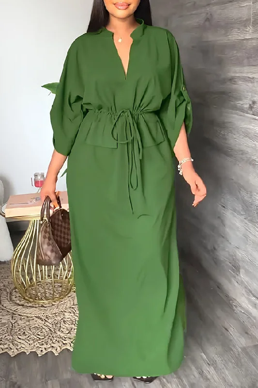 Plus-Size Women's Clothing Hot Styles Solid Color Commuting Drawstring Maxi Dress