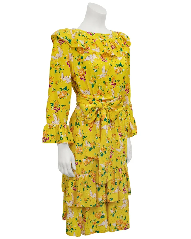 Women's Apparel And Garments Chic Urban Fashion Look Yellow Floral & Cupid Silk Jacquard Dress Women's Apparel And Garments Chic Urban Fashion Look Yellow Floral & Cupid Silk Jacquard Dress