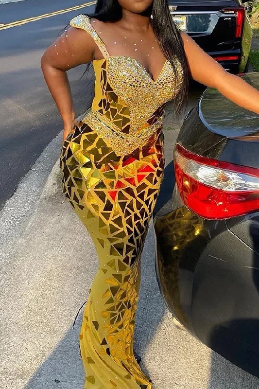 Women's Plus-Size Apparel Graceful Movement Rhinestone Patchwork Glistening Sequined Maxi Dress Women's Plus-Size Apparel Graceful Movement Rhinestone Patchwork Glistening Sequined Maxi Dress