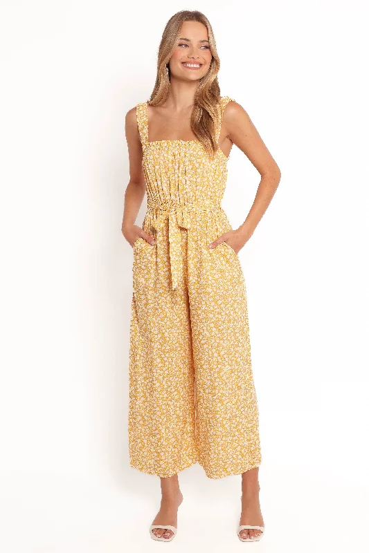 Women's Versatile Apparel Seize Bargains Mishia Tie Waist Jumpsuit - Yellow Floral