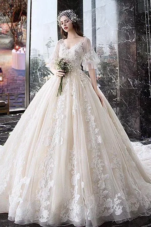Women's Elegant Formal Outfit Evening Elegance Princess Half Sleeve Ball Gown Wedding Dresses Appliques V Neck Bridal Dresses Women's Elegant Formal Outfit Evening Elegance Princess Half Sleeve Ball Gown Wedding Dresses Appliques V Neck Bridal Dresses