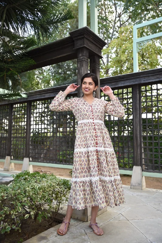 Modern Women's Apparel Feminine Flow Beige three tier Maxi dress
