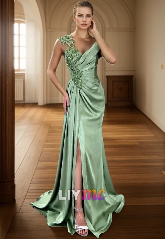 Fashionable Women's Clothing Vintage Charm LP2268 - V-Neck Sleeveless Beaded Appliques Pleated Side Slit Sheath Prom Dress Fashionable Women's Clothing Vintage Charm LP2268 - V-Neck Sleeveless Beaded Appliques Pleated Side Slit Sheath Prom Dress