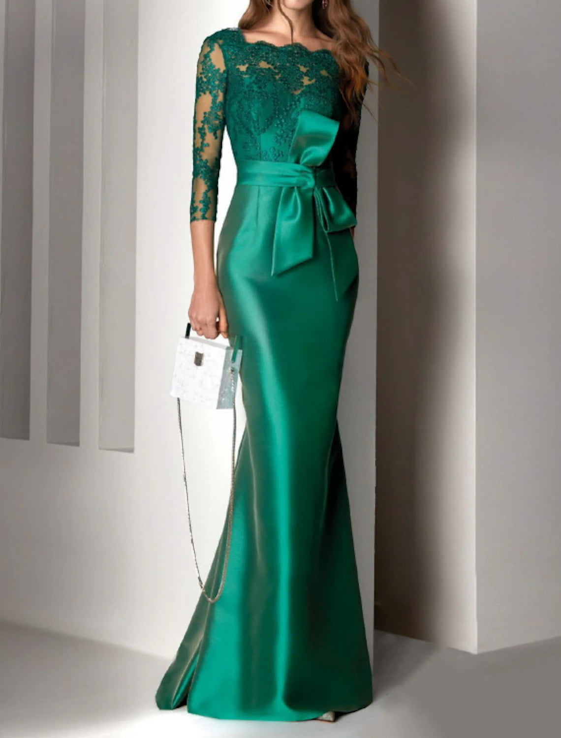 Women's Chic Outerwear Outfit Luxury Comfort Mermaid / Trumpet Mother of the Bride Dress Elegant Square Neck Floor Length Satin Lace 3/4 Length Sleeve with Bow(s) Appliques Women's Chic Outerwear Outfit Luxury Comfort Mermaid / Trumpet Mother of the Bride Dress Elegant Square Neck Floor Length Satin Lace 3/4 Length Sleeve with Bow(s) Appliques