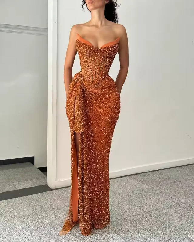 Women's Festive Attire Parisian Effortless Chic Style Hot Orange Sequin Prom Dresses Sheath High Side Slit Satin Celebrity Party Dress Special Occasion Long Prom Gown For Sexy Women Women's Festive Attire Parisian Effortless Chic Style Hot Orange Sequin Prom Dresses Sheath High Side Slit Satin Celebrity Party Dress Special Occasion Long Prom Gown For Sexy Women