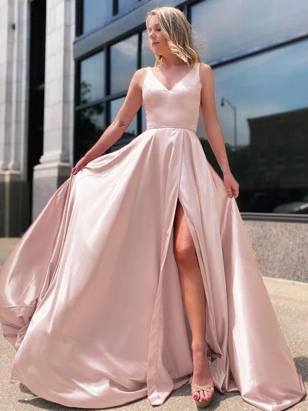 Women's Travel Outfit Set Graceful Drape A-Line/Princess Silk like Satin Ruffles V-neck Sleeveless Sweep/Brush Train Dresses Women's Travel Outfit Set Graceful Drape A-Line/Princess Silk like Satin Ruffles V-neck Sleeveless Sweep/Brush Train Dresses