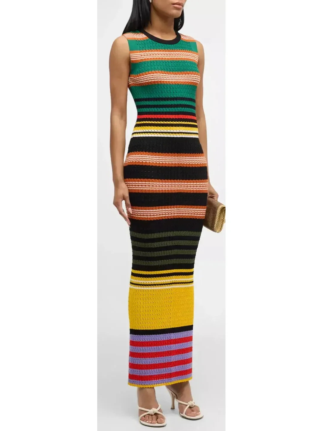 Elegant Women's Evening Garments Minimalist Chic Bright Multicolored Striped Pointelle-Knit Sleeveless Maxi Dress Elegant Women's Evening Garments Minimalist Chic Bright Multicolored Striped Pointelle-Knit Sleeveless Maxi Dress