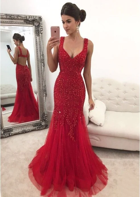 Women's Everyday Clothes Trendy Pulse Red Sleeveless V-Neck Prom Dresses Women Dresses,Applique Tulle Backless Evening Dress S2399 Women's Everyday Clothes Trendy Pulse Red Sleeveless V-Neck Prom Dresses Women Dresses,Applique Tulle Backless Evening Dress S2399